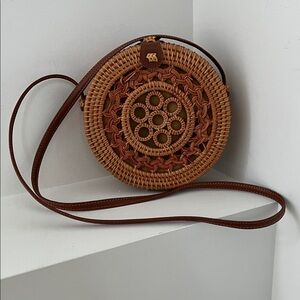 RATTAN Cross Body Round Bag Straw Woven Summer Lightweight Neutral Casual Boho
